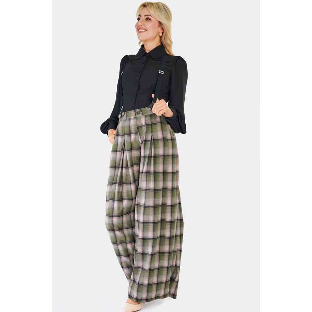 Voodoo Vixen - Plaid Wide Leg Suspender Pantalon large - Multicolore